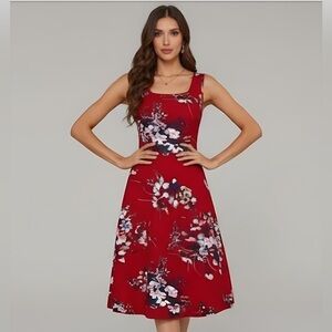 Sleeveless  A-Line Floral Midi Dress Red